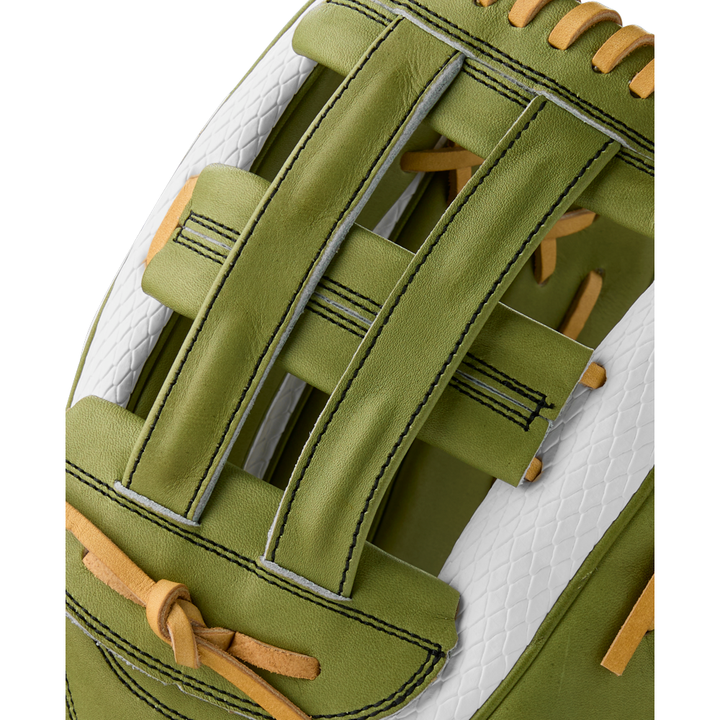 Close-up of the Wilson A2000 FP50SS 12.25" Fastpitch Glove (Summer 2025), featuring a green and white design, Pro Stock leather, tan laces, visible stitching, and a Dual Post Web.