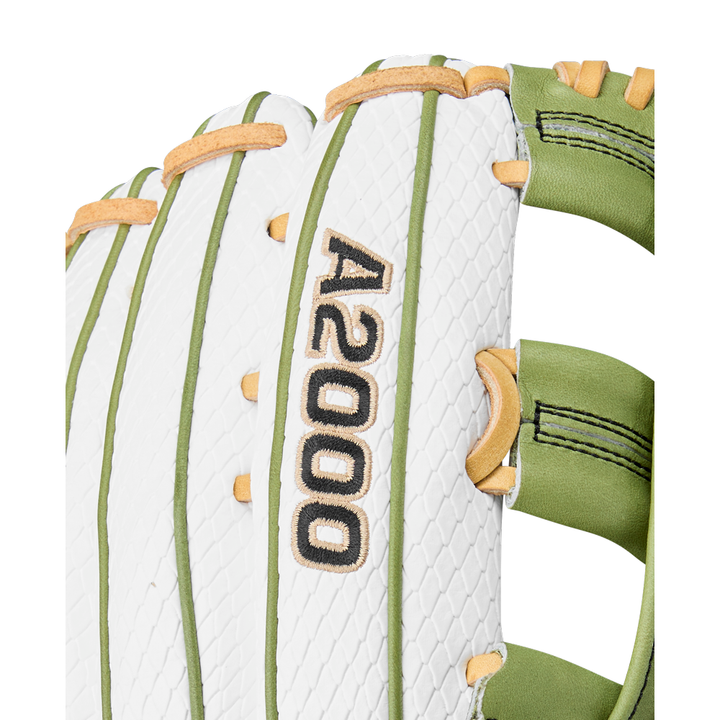 Close-up of Wilson A2000 FP50SS 12.25" Fastpitch Glove (WBW1033001225), white Pro Stock leather with light green and tan accents, Dual Post Web, and "A2000" embroidered in black and gold.