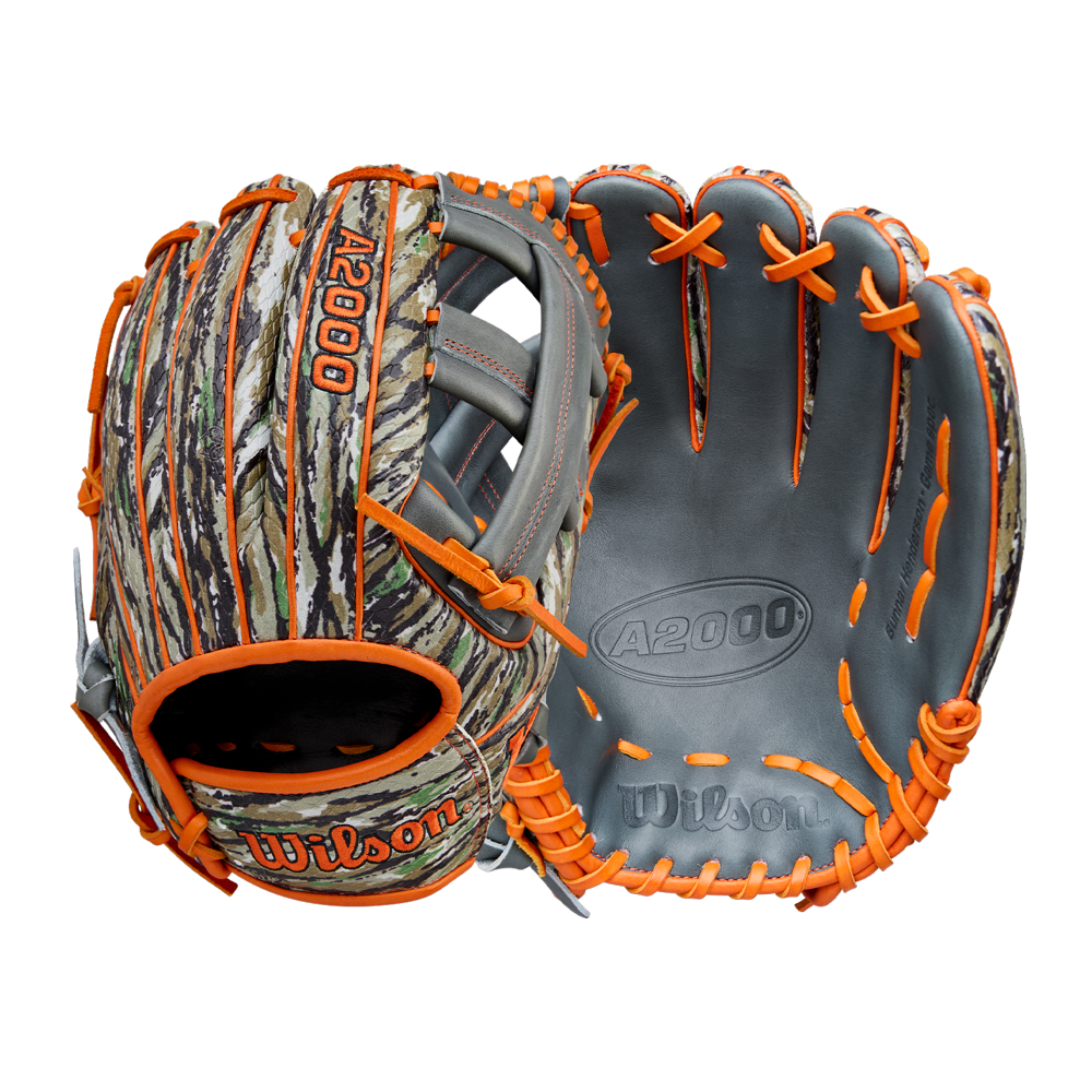 Two gray Wilson A2000 GH2 11.75" Gunnar Henderson GM baseball gloves with orange laces and a camouflage pattern are shown side by side, displaying both the front and back on a plain white background.