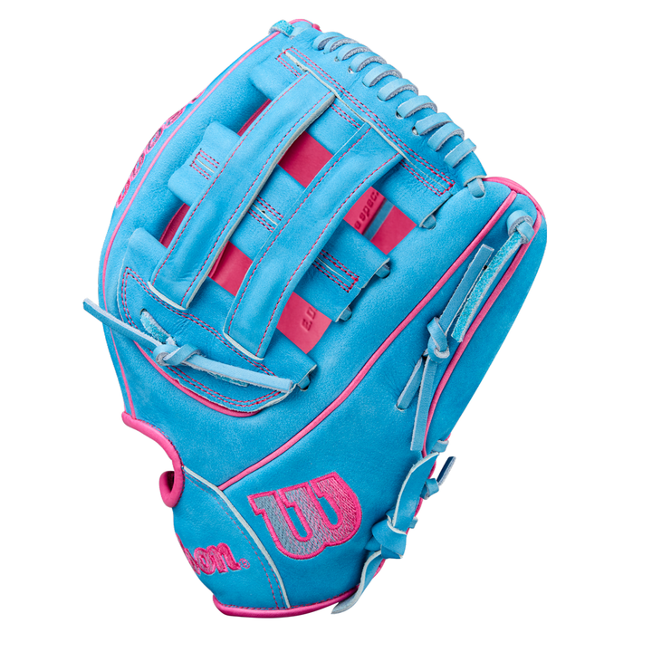 The Wilson A2000 EDLC44 12" Elly De La Cruz Gameday Baseball Glove (WBW10345212) features a woven web, bright blue and pink design with pink accents and the Wilson logo, releasing Fall 2025.