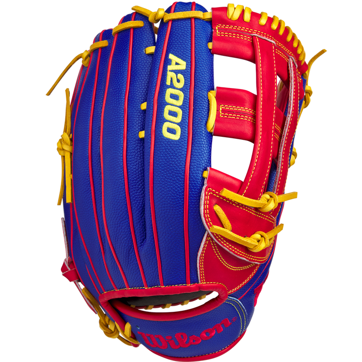 The Wilson A2000 1799SS 12.75" Pete Crow-Armstrong GM Baseball Glove, GOTM January 2025, features red and blue stitching and is inspired by the iconic A2000 1799SS design.