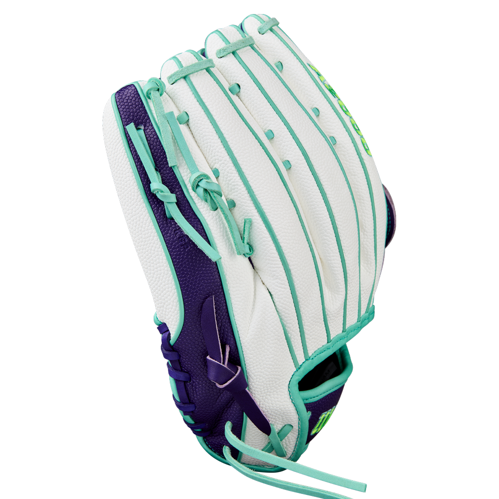 The Wilson A2000 FP50SS 12.25" Fastpitch Glove (WBW1034891225) features white Pro Stock leather, teal laces and accents, plus a deep purple thumb and wrist—ideal for outfield fastpitch softball play.