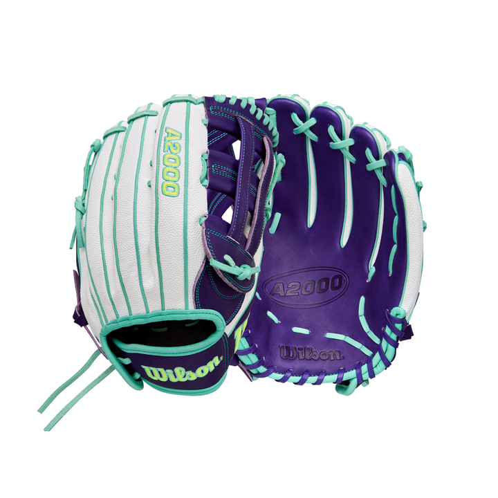 Two Wilson A2000 FP50SS 12.25" Fastpitch Gloves (FALL 2025: WBW1034891225) in purple and teal with white accents are shown front and back, featuring Pro Stock leather, teal laces, white webbing, SuperSkin panels, and lime green branding.