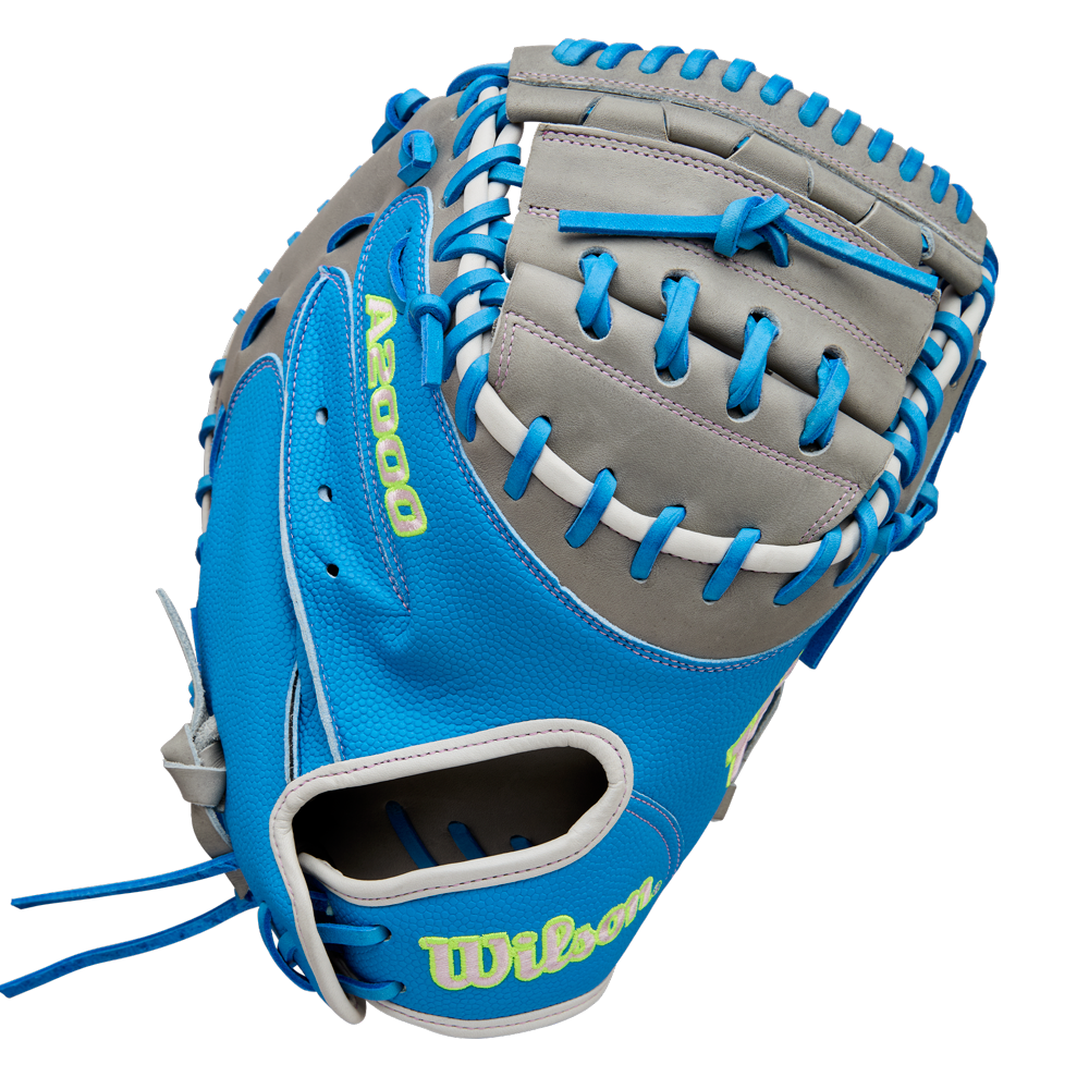 The Wilson A2000 FPCM23 34" Fastpitch Catcher's Mitt (FALL 2025: WBW10349134) features a blue and gray design with neon yellow and blue accents, laced detailing, and the Wilson logo near the wrist opening.