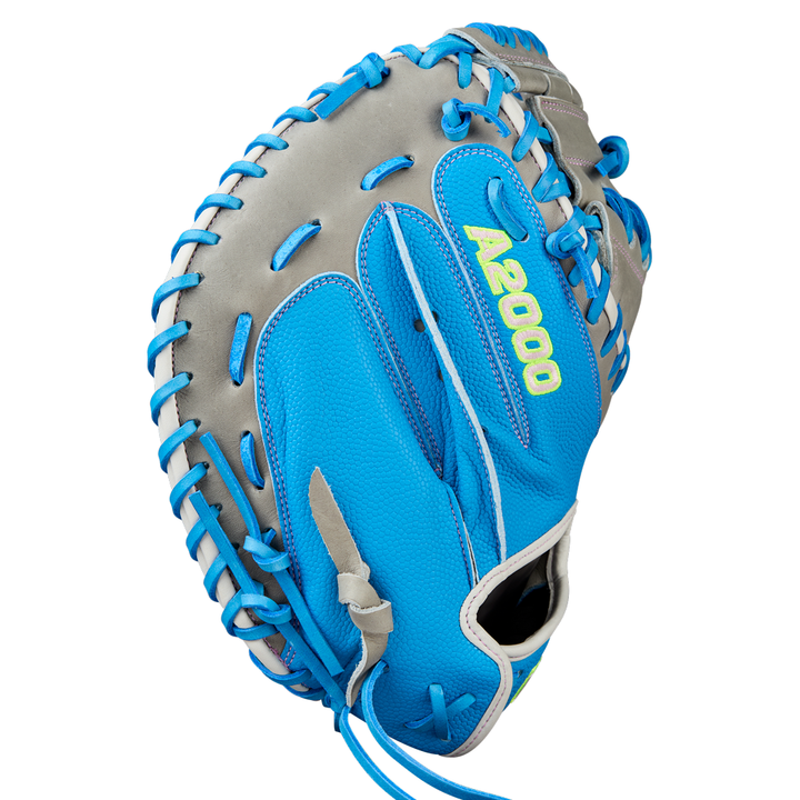 The Wilson A2000 FPCM23 34" Fastpitch Catcher's Mitt (WBW10349134) features a blue and gray design with light blue lacing and neon green "A2000" on the back, ideal for fastpitch softball catchers.