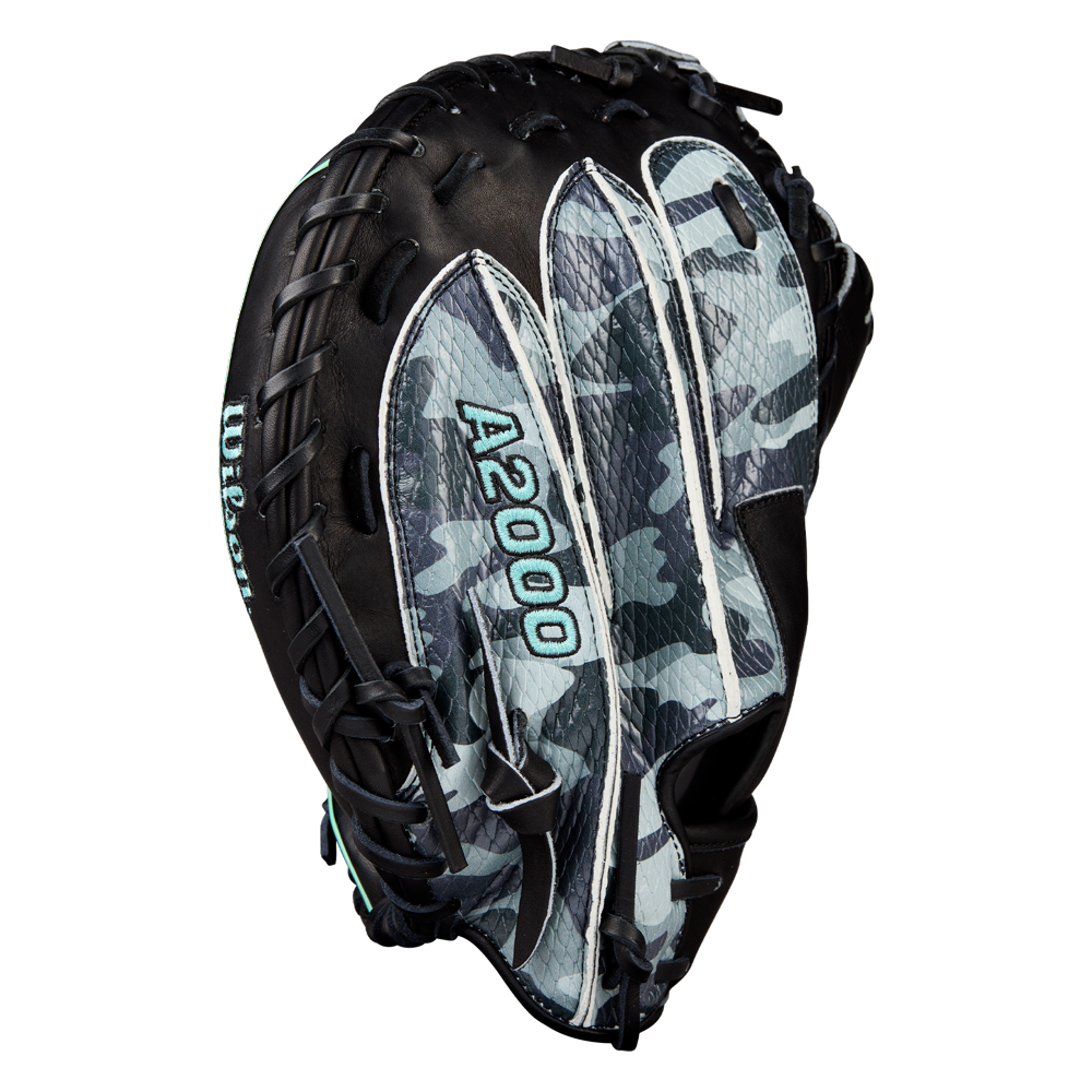 The Wilson A2000 AW28 34" Austin Wells Gameday Catcher's Mitt (FALL 2025: WBW10349434) features a black and grey design with a camouflage pattern on the outer fingers and webbing, plus visible Wilson and A2000 logos.