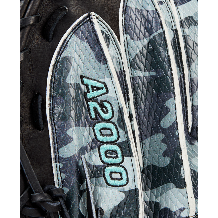 Close-up of the Wilson A2000 AW28 34" Austin Wells Gameday Catcher's Mitt, featuring a blue and gray camo pattern, "A2000" stitched in light blue, black leather, white stitching, and classic catcher's mitt details.