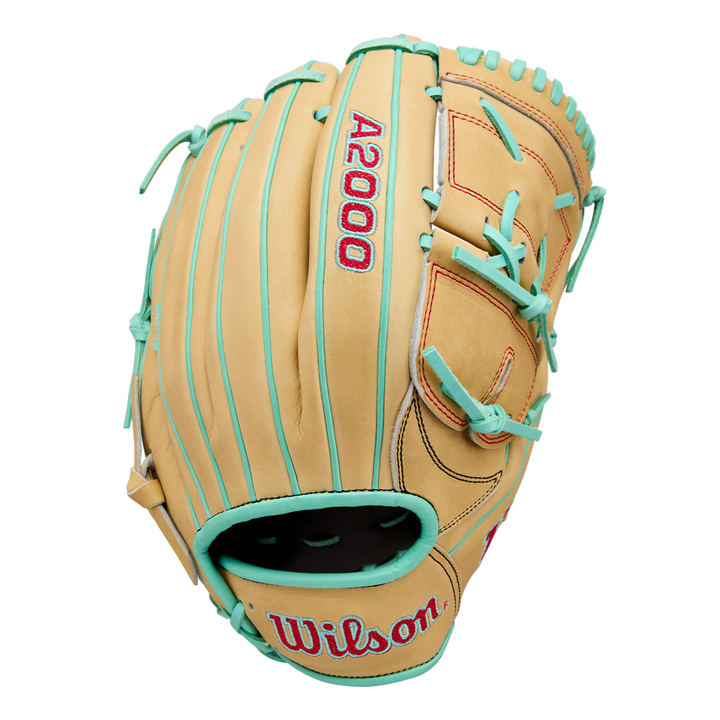 The Wilson A2000 B12 12" Baseball Glove (FALL 2025: WBW10349812) by Wilson features durable Pro Stock leather in tan, turquoise laces, and red lettering, displayed upright with the palm facing away.