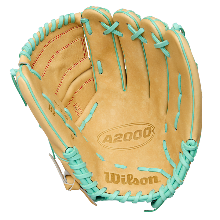 The Wilson A2000 B12 12" Baseball Glove (WBW10349812) by Wilson is shown open, palm forward, in tan with light blue laces and stitching, crafted from Pro Stock leather.
