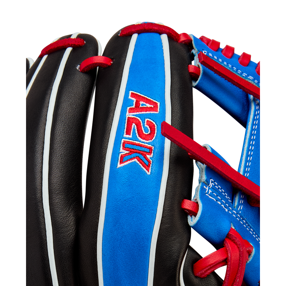 Close-up of the Wilson A2K MB1175 11.75" Mookie Betts Gameday Glove, crafted from Pro Stock Select leather with blue and red accents, white stitching, and "A2K" embroidered in red and white on the blue finger section.