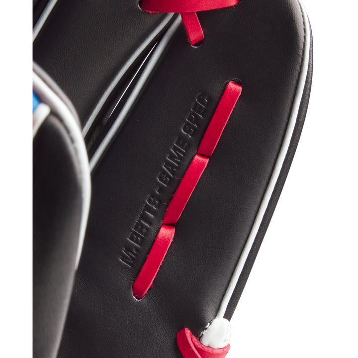 Close-up of the Wilson A2K MB1175 11.75" Mookie Betts Gameday Baseball Glove, showing black Pro Stock Select leather, red laces, white stitching, embossed “WE BETTER GAME 9FHC” text, and part of the glove’s edge.