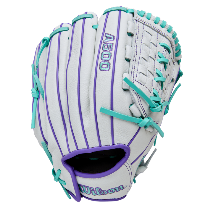 The Wilson A500 Siren 11.75" Fastpitch Glove (WBW1035581175) is a youth white Wilson glove with teal laces, purple accents, top grain leather, and a Quick-Fit Wrist, shown on a plain white background.