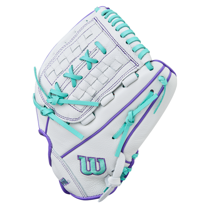 The Wilson A500 Siren 11.75" Fastpitch Glove features white top grain leather, teal laces and accents, purple stitching and trim, a teal and purple "W" logo, and a Quick-Fit Wrist for easy adjustment.