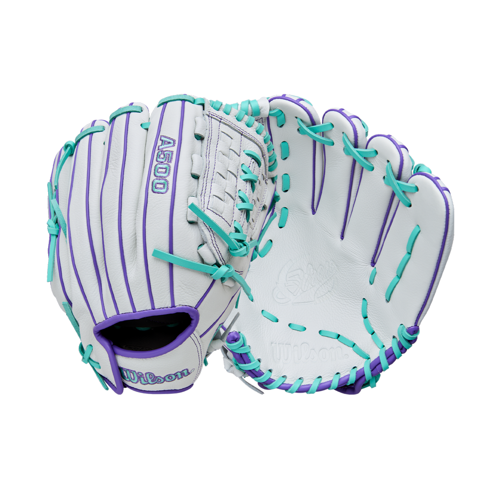 The Wilson A500 Siren 11.75" Fastpitch Glove (WBW1035581175) is a white youth glove with purple and teal laces, top grain leather, Quick-Fit Wrist, and Wilson branding, shown on a plain white background.