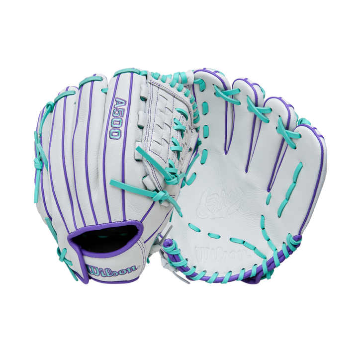 The Wilson A500 Siren 11.75" Fastpitch Glove (WBW1035581175) is a white youth glove with purple and teal laces, top grain leather, Quick-Fit Wrist, and Wilson branding, shown on a plain white background.