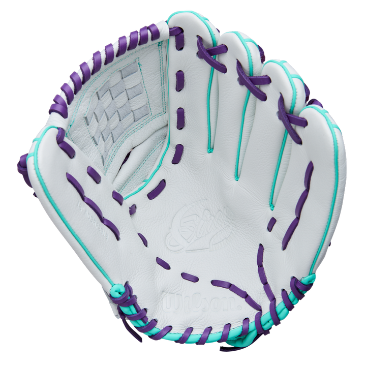 The Wilson A500 Siren 12" Fastpitch Glove (WBW10355912) is a white youth glove made from top grain leather, featuring purple and teal laces, a woven basket web, embossed palm branding, and a quick-fit wrist for comfort.