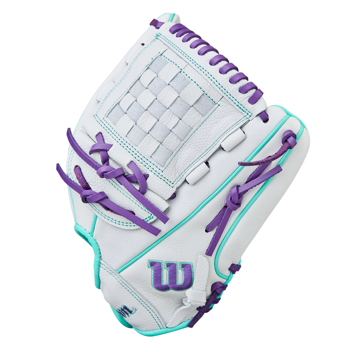 The Wilson A500 Siren 12" Fastpitch Glove: WBW10355912 is a youth glove made of top grain leather, with purple laces, teal accents, a woven pocket, a purple W logo on the palm, and quick-fit wrist—shown on a plain white background.