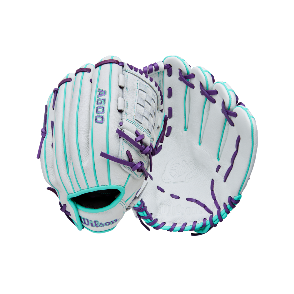 The Wilson A500 Siren 12" Fastpitch Glove (WBW10355912) by Wilson features a white design with teal and purple laces, crafted from top grain leather and shown open and closed on a plain white background.