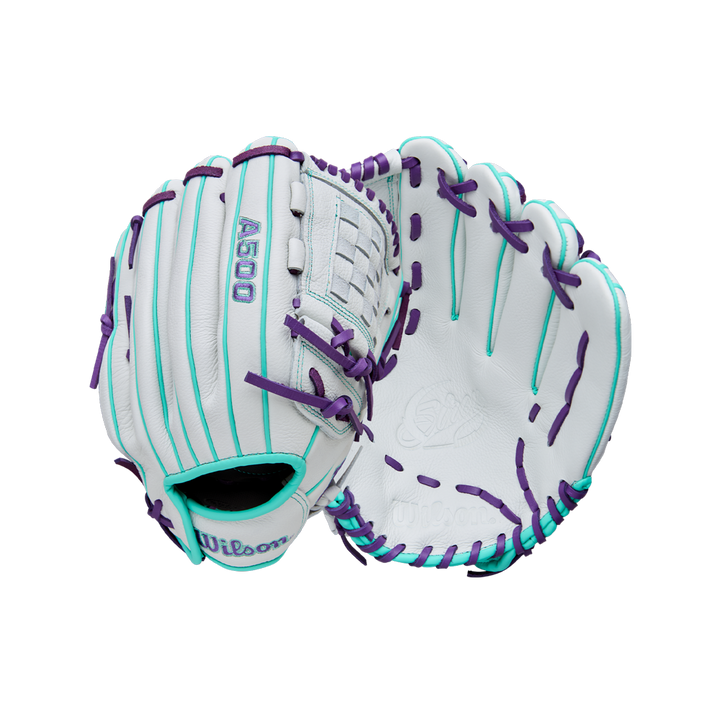 The Wilson A500 Siren 12" Fastpitch Glove (WBW10355912) by Wilson features a white design with teal and purple laces, crafted from top grain leather and shown open and closed on a plain white background.