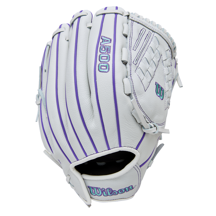 The Wilson A500 Siren 12.5" Fastpitch Glove (WBW103561125) is a white youth glove with purple vertical stripes and purple stitching, crafted from top grain leather and shown outer side up against a plain background.