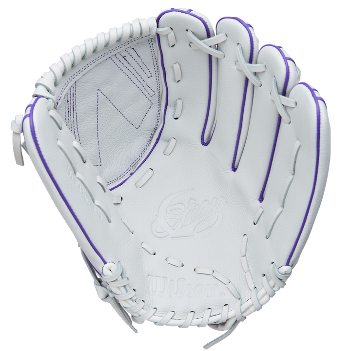 The Wilson A500 Siren 12.5" Fastpitch Glove (WBW103561125) is a white youth glove made of top grain leather, featuring purple stitching, detailed lacing, visible Wilson branding, and a Quick-Fit Wrist on a plain white background.