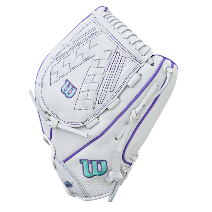 The Wilson A500 Siren 12.5" Fastpitch Glove (WBW103561125) features a white catcher's mitt with purple accents, teal Wilson logos, intricate stitching, Quick-Fit Wrist, and top grain leather—shown on a plain white background.