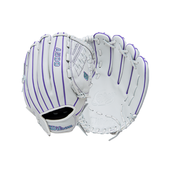 The Wilson A500 Siren 12.5" Fastpitch Glove (WBW103561125) by Wilson is displayed open and closed, showcasing its top grain leather, white color, and purple accents on a plain light background.