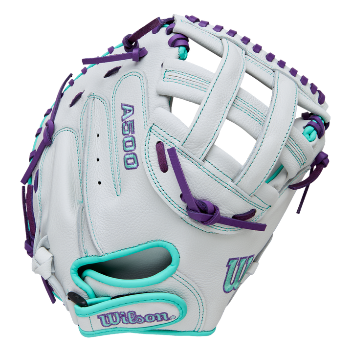 The Wilson A500 Siren 32" Fastpitch Catcher's Mitt (WBW10356332) by Wilson features a white design with teal and purple accents, laces, stitching, logos, and a quick-fit wrist, shown on a plain white background.