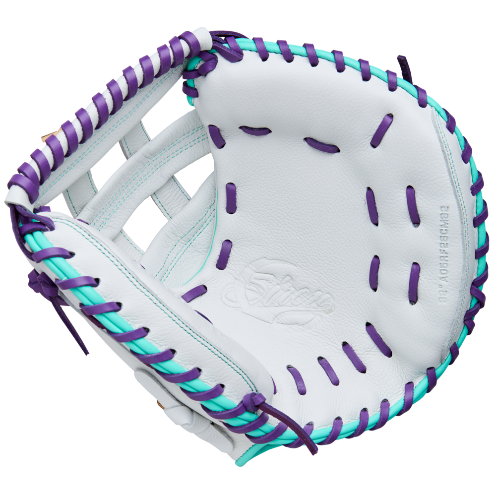 The Wilson A500 Siren 32" Fastpitch Catcher's Mitt by Wilson features a white design with purple and teal lacing, visible stitching, quick-fit wrist adjustment, and an embossed palm logo.