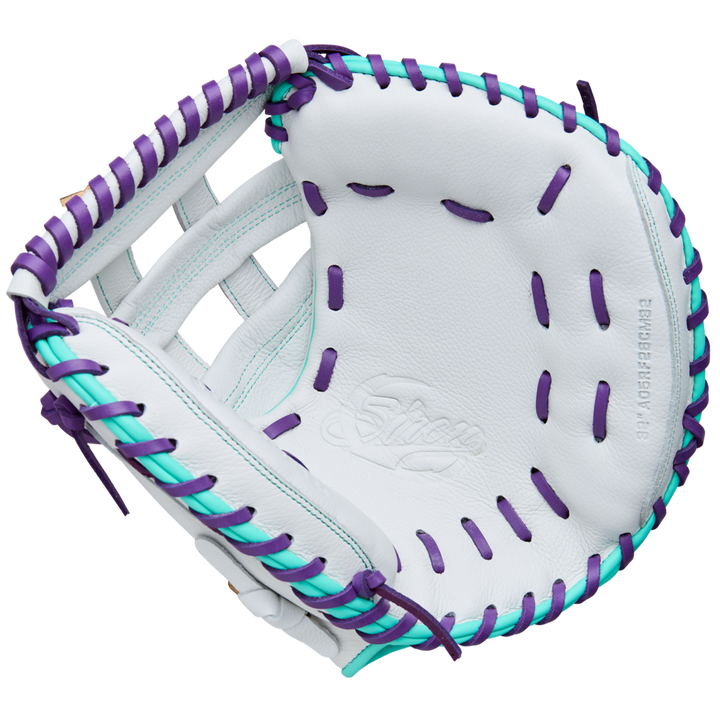 The Wilson A500 Siren 32" Fastpitch Catcher's Mitt by Wilson features a white design with purple and teal lacing, visible stitching, quick-fit wrist adjustment, and an embossed palm logo.