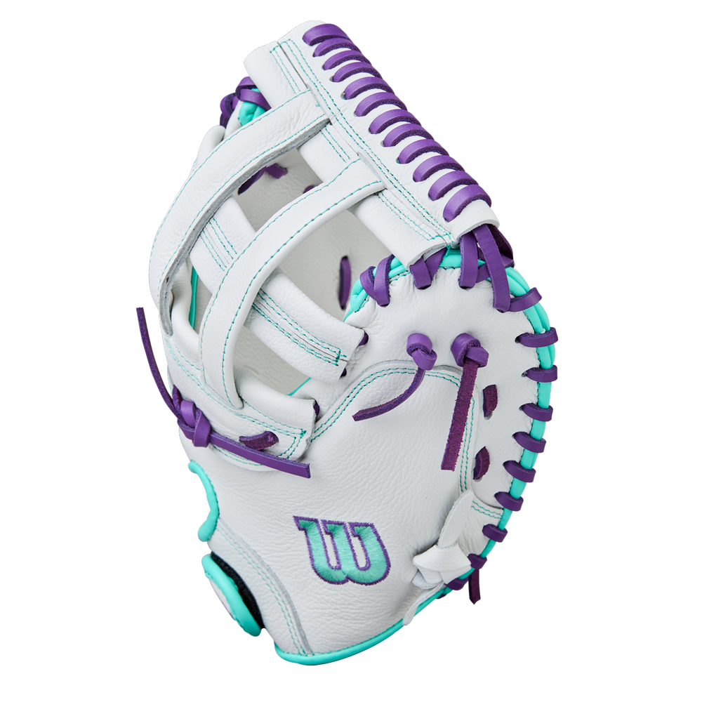 The Wilson A500 Siren 32" Fastpitch Catcher's Mitt (WBW10356332) is a white youth mitt with purple and teal lacing, accents, and a W logo on the palm, displayed against a plain white background.