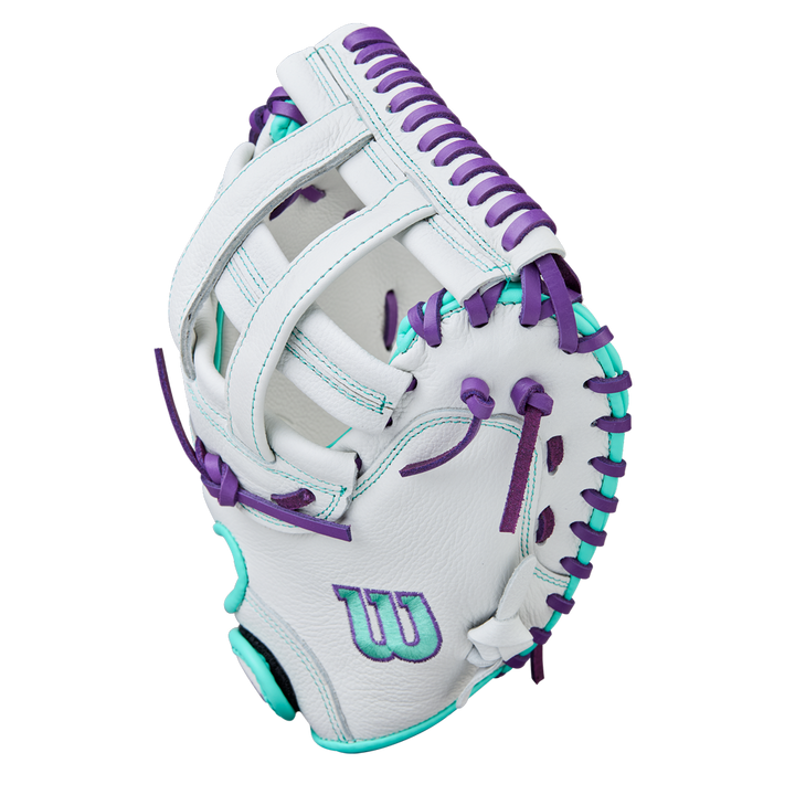The Wilson A500 Siren 32" Fastpitch Catcher's Mitt (WBW10356332) is a white youth mitt with purple and teal lacing, accents, and a W logo on the palm, displayed against a plain white background.