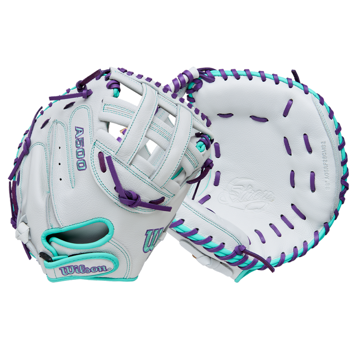 The Wilson A500 Siren 32" Fastpitch Catcher's Mitt (WBW10356332) by Wilson is shown front and back, featuring a white design with teal and purple accents, including purple lacing and stitching, set against a plain background.