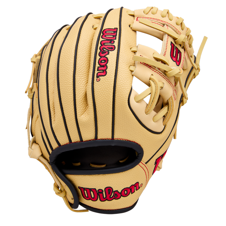 The Wilson A1000 PF11 11" Baseball Glove (WBW10395511) by Wilson is tan with black lacing, red logos, and visible stitching. Designed with Pedroia Fit for younger players, it features an open web and is shown on a white background.