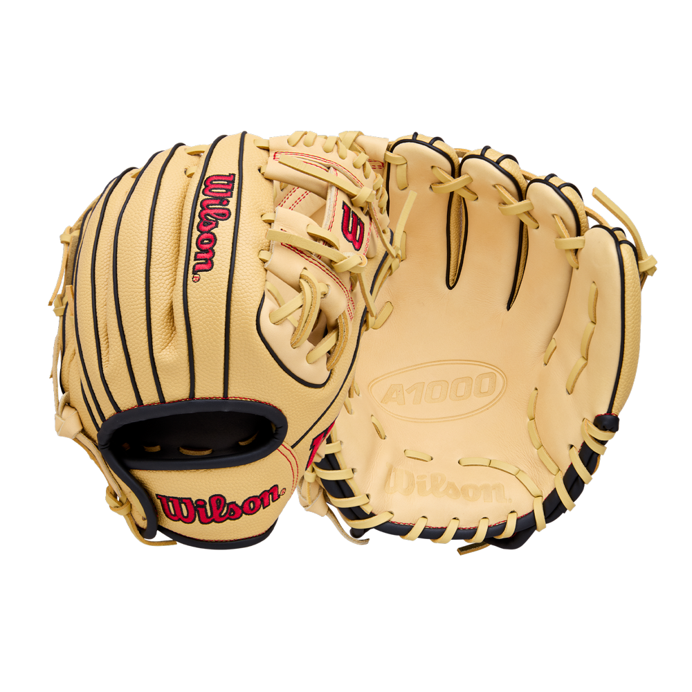 Two tan Wilson A1000 PF11 11" youth baseball gloves with black lacing—one palm side, one back—feature the red Wilson logo. Ideal for young players needing an 11” infield glove with Pedroia Fit. Brand: Wilson. Model: WBW10395511.
