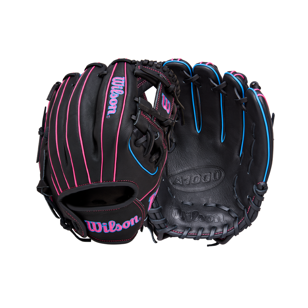The Wilson A1000 DP15 11.5" Baseball Glove (WBW103956115) features Pedroia Fit with pink and blue accents, detailed stitching, and prominent Wilson branding—shown from both front and back views.