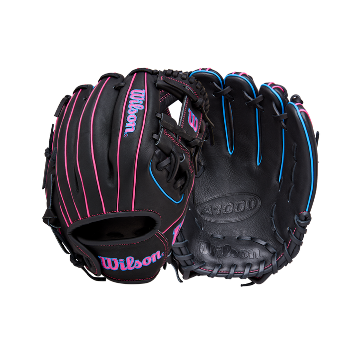 The Wilson A1000 DP15 11.5" Baseball Glove (WBW103956115) features Pedroia Fit with pink and blue accents, detailed stitching, and prominent Wilson branding—shown from both front and back views.