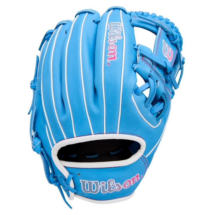 The Wilson A1000 1786 11.5" Baseball Glove (WBW103957115) features blue leather, white laces, pink accents, and the Wilson logo in white and pink on the wrist strap and back of the hand.