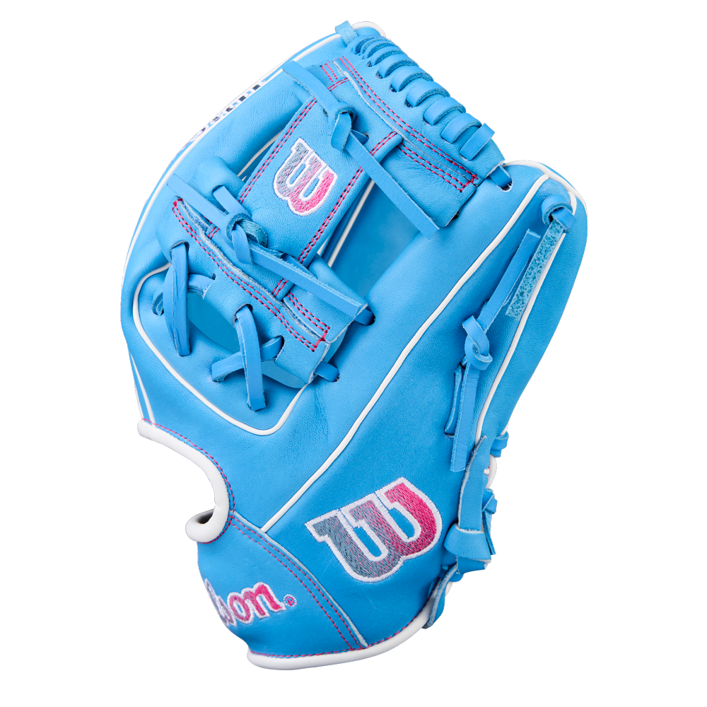 The Wilson A1000 1786 11.5" Baseball Glove (WBW103957115) by Wilson features bright blue Pro Stock leather with white and pink accents, plus the Wilson logo, displayed on a plain white background.