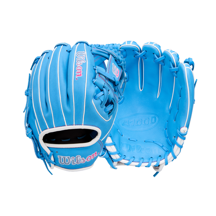 Two Wilson A1000 1786 11.5" Baseball Gloves (WBW103957115) are shown side by side on a plain white background, displaying both the front and back of these blue Pro Stock leather infield gloves with white laces and trim.