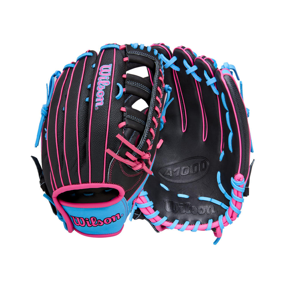 A Wilson A1000 1892 12.25" baseball glove (WBW1039621225) in black with bright blue and pink laces, made from Full Grain leather, is shown open and closed on a white background.