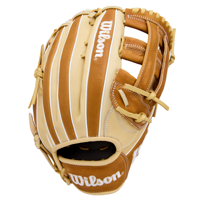 The Wilson A1000 1750 12.5" Baseball Glove (WBW103964125) features a brown and tan full grain leather design with white stitching and embroidered Wilson logos on the thumb and wrist, shown against a white background.
