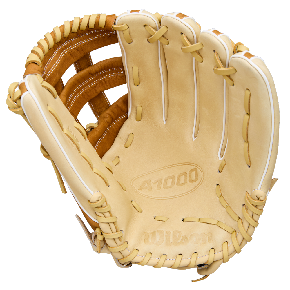 A Wilson A1000 1750 12.5" Baseball Glove (WBW103964125) in tan, features visible lacing, stitching, open palm with webbing details, and premium full grain leather construction.