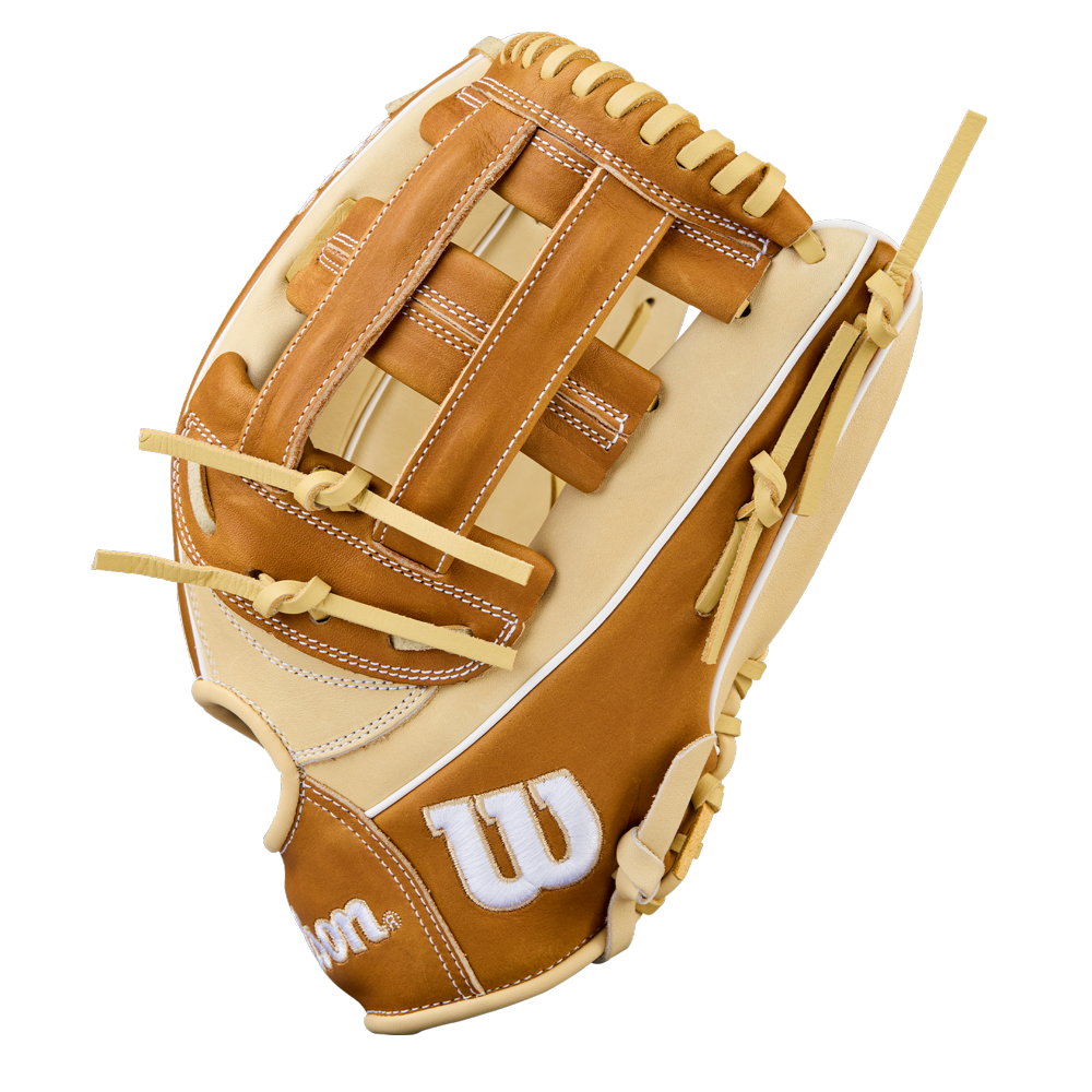 The Wilson A1000 1750 12.5" Baseball Glove (WBW103964125) features a tan and cream full grain leather design, white stitching, and a white-embroidered Wilson logo on the thumb, shown against a white background.