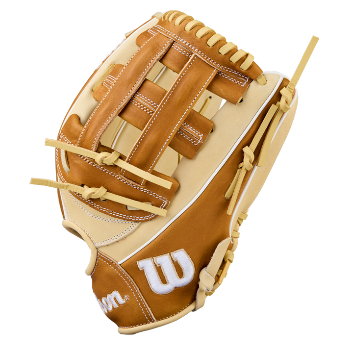 The Wilson A1000 1750 12.5" Baseball Glove (WBW103964125) features a tan and cream full grain leather design, white stitching, and a white-embroidered Wilson logo on the thumb, shown against a white background.