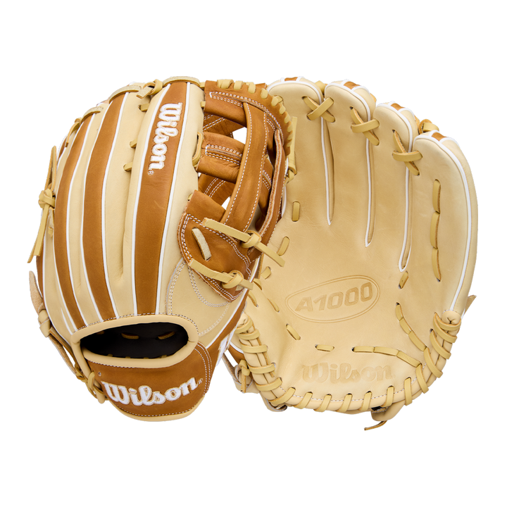 A Wilson A1000 1750 12.5" Baseball Glove (WBW103964125) in tan and brown full grain leather is displayed from front and back on a plain white background.