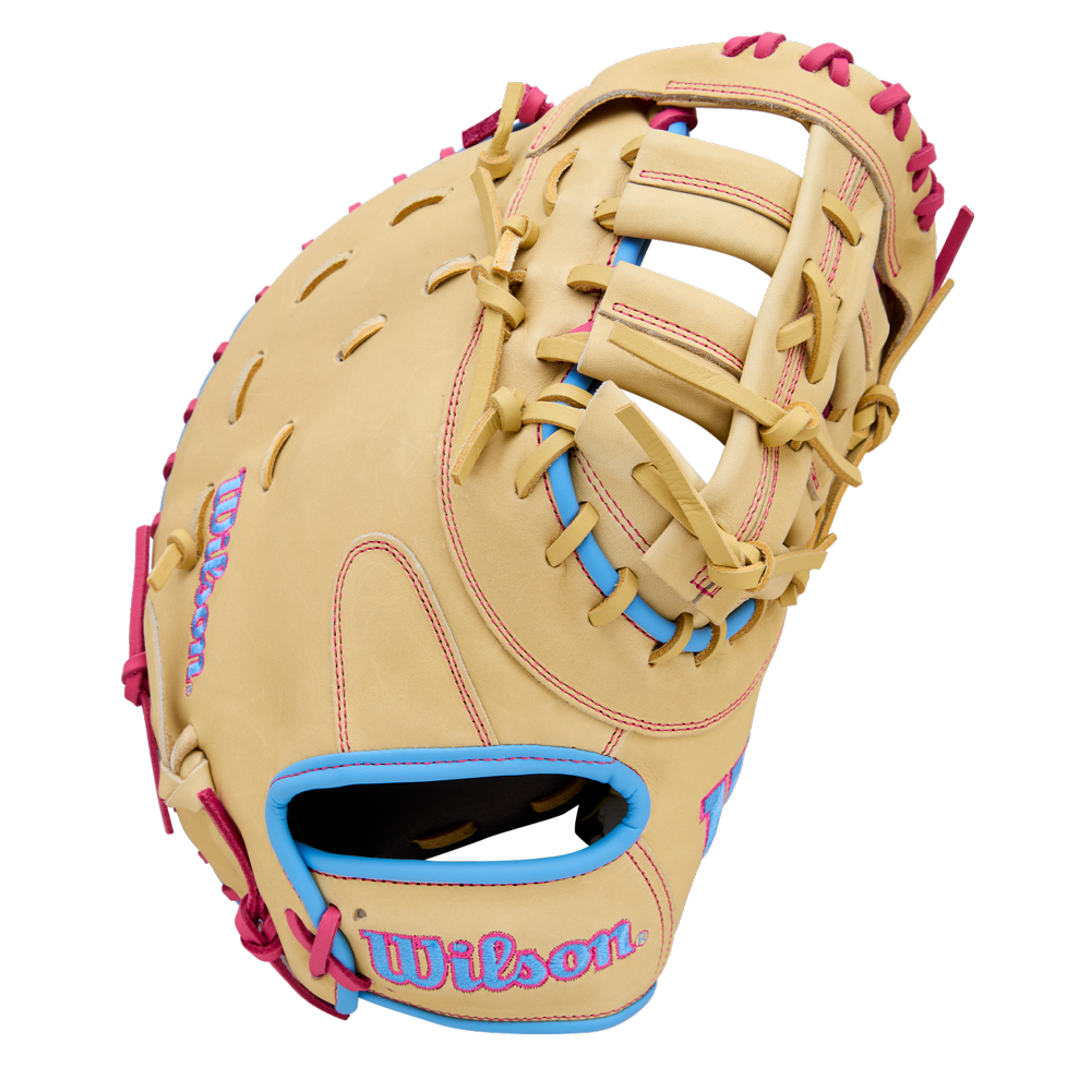 The Wilson A1000 1620 12.5" Baseball First Base Mitt (WBW103967125) features tan full grain leather, pink lacing, blue accents, and a pink-and-blue Wilson logo on the thumb and wrist area, shown on a white background.