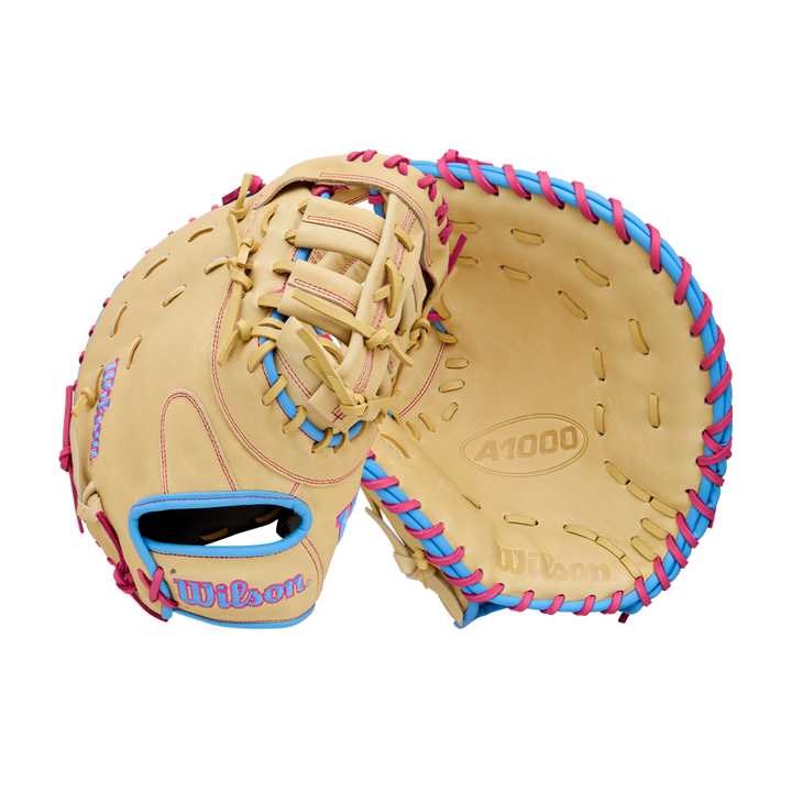The Wilson A1000 1620 12.5" Baseball First Base Mitt (WBW103967125) by Wilson is shown in tan with blue and pink laces, displayed from both top and inside to highlight its full grain leather stitching and design details.