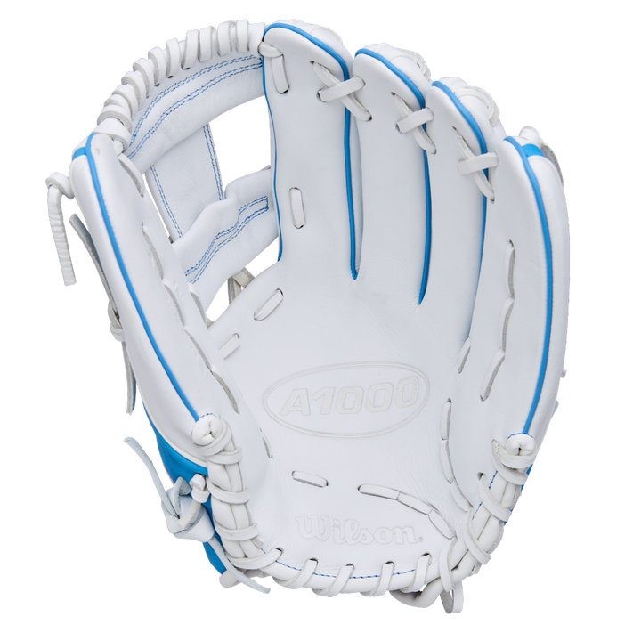 A Wilson A1000 H12 12" Fastpitch Glove (WBW10396912) in white with blue accents and lacing is shown from above, displaying the inner palm and finger slots.