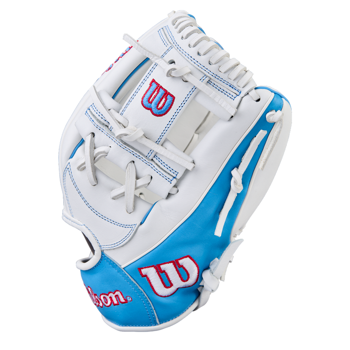 The Wilson A1000 H12 12" Fastpitch Glove (WBW10396912) features a white and light blue design with red Wilson logos and white laces, displayed against a plain white background.